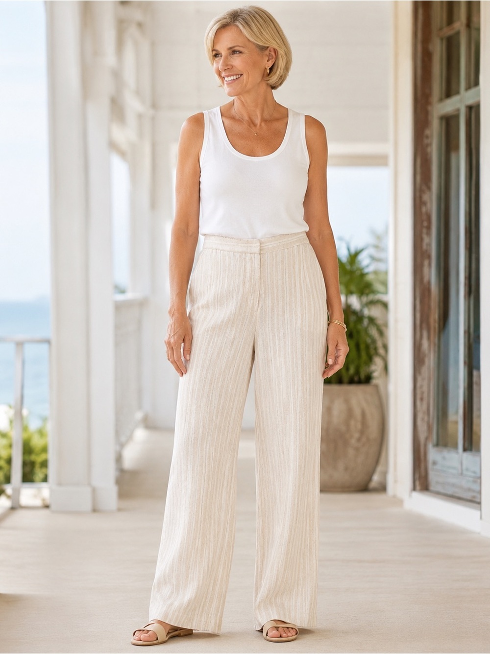 Women's Cream and Tan Striped Wide-Leg Lightweight Linen Pants